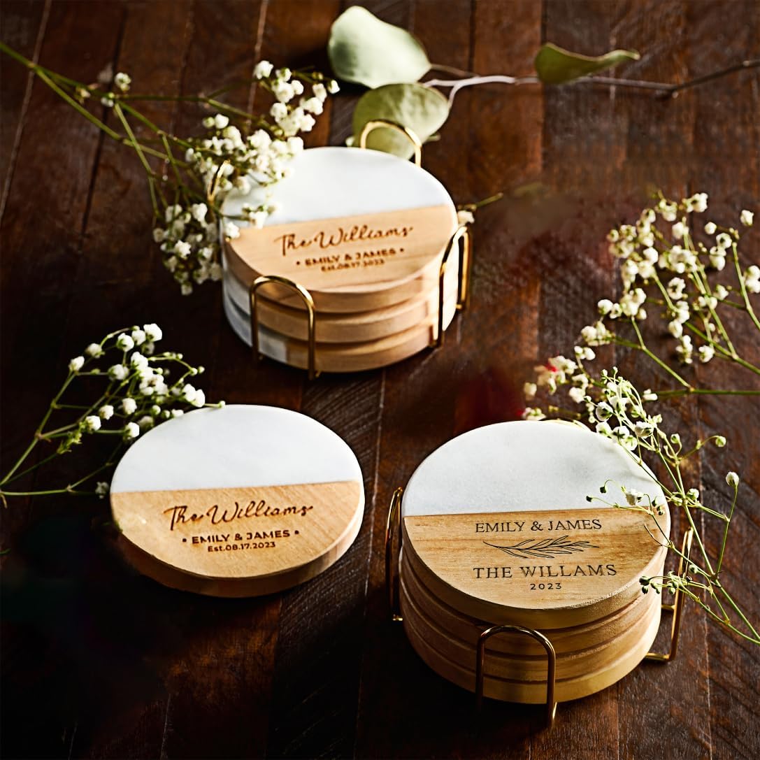 Personalized Coasters, Wedding Gift for Couple, Custom, Premium Craftsmanship Durability Tested, Custom Bar Coasters for Drinks with Monogram Engraved, Great Newlywed