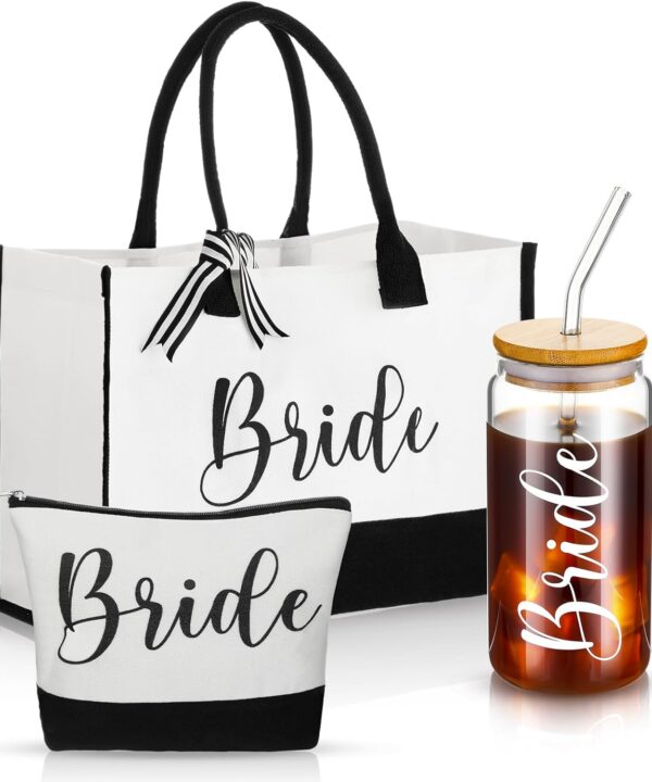 Zubebe 3 Pcs Bride Gifts Set for Bridal Shower Include Glass Cup Canvas Tote Bag Makeup Bag for Honeymoon Gift(Bride)