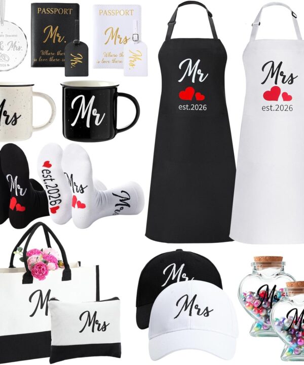 15 Pcs 2026 Wedding Gift Mr and Mrs Gifts for Couples Set, Mr and Mrs Aprons Wedding Honeymoon Bridal Shower Cooking Gifts Ideas for Bride Groom Engagement Anniversary Travel(Bride)