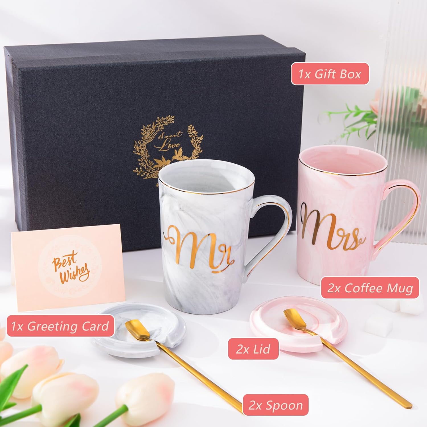 Biching Wedding Gifts for Couples 2026, Couple Gift for Anniversary – 14oz Ceramic Marble Mr and Mrs Mugs Set, Present for Bridal Shower Engagement Bride and Groom, with Greeting Card, Luxury Gift Box