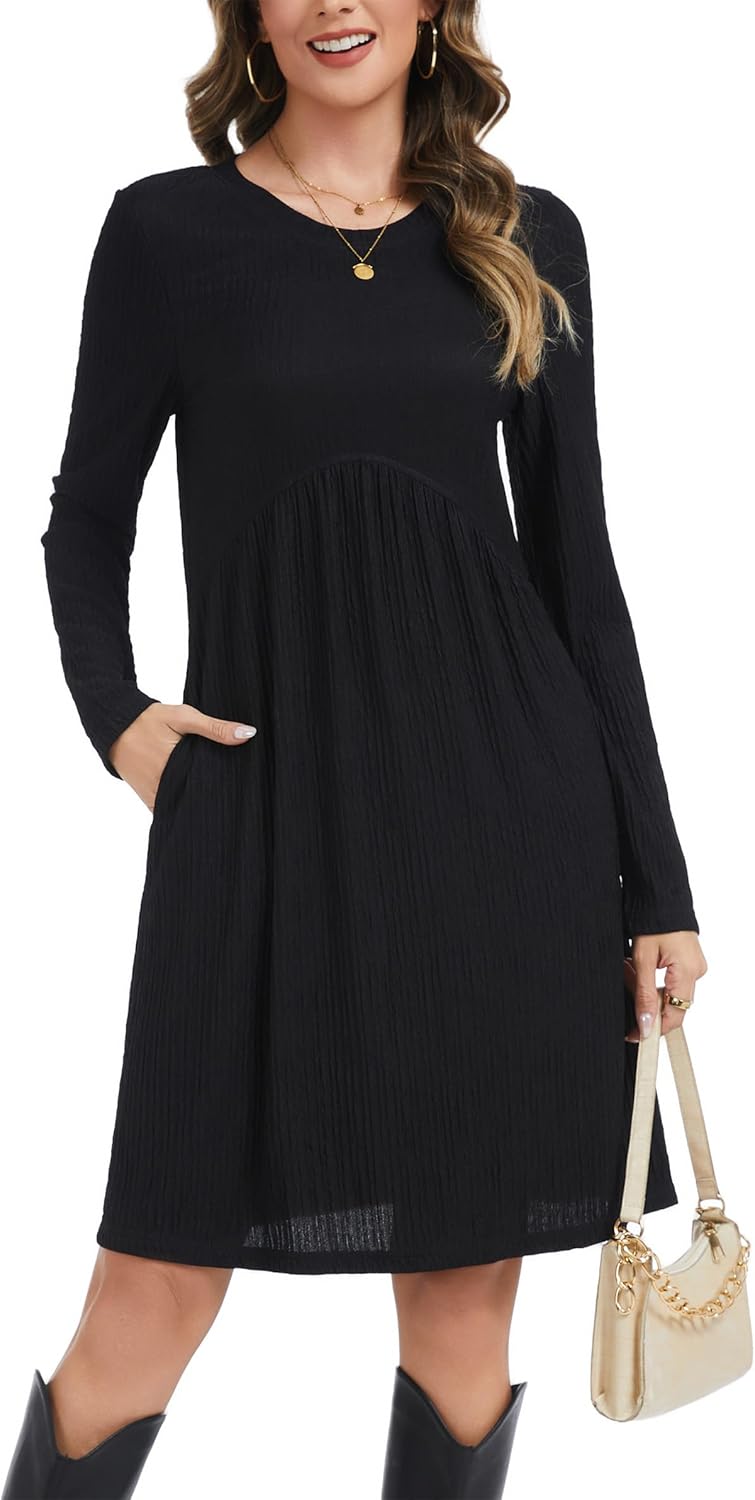 Kormei Long Sleeve Dress for Women Crew Neck Empire Waist Tunic Dress with Pockets