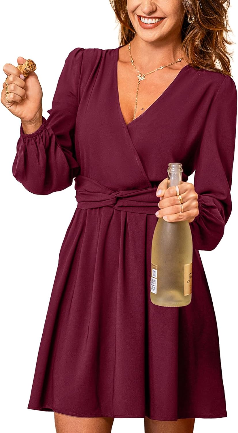 CUPSHE Women's Long Sleeve Mini Dress V Neck Elegant Cocktail Party Dress Fall Flowy Wedding Guest Dress
