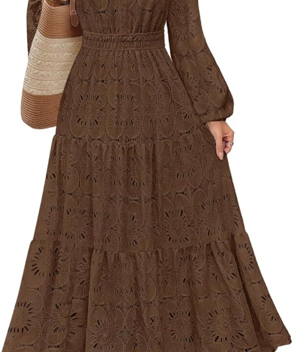 MEROKEETY Women's Fall Long Sleeve Floral Maxi Dress Lace Eyelet Hollow Out Tiered Boho Wedding Guest Dresses Pockets