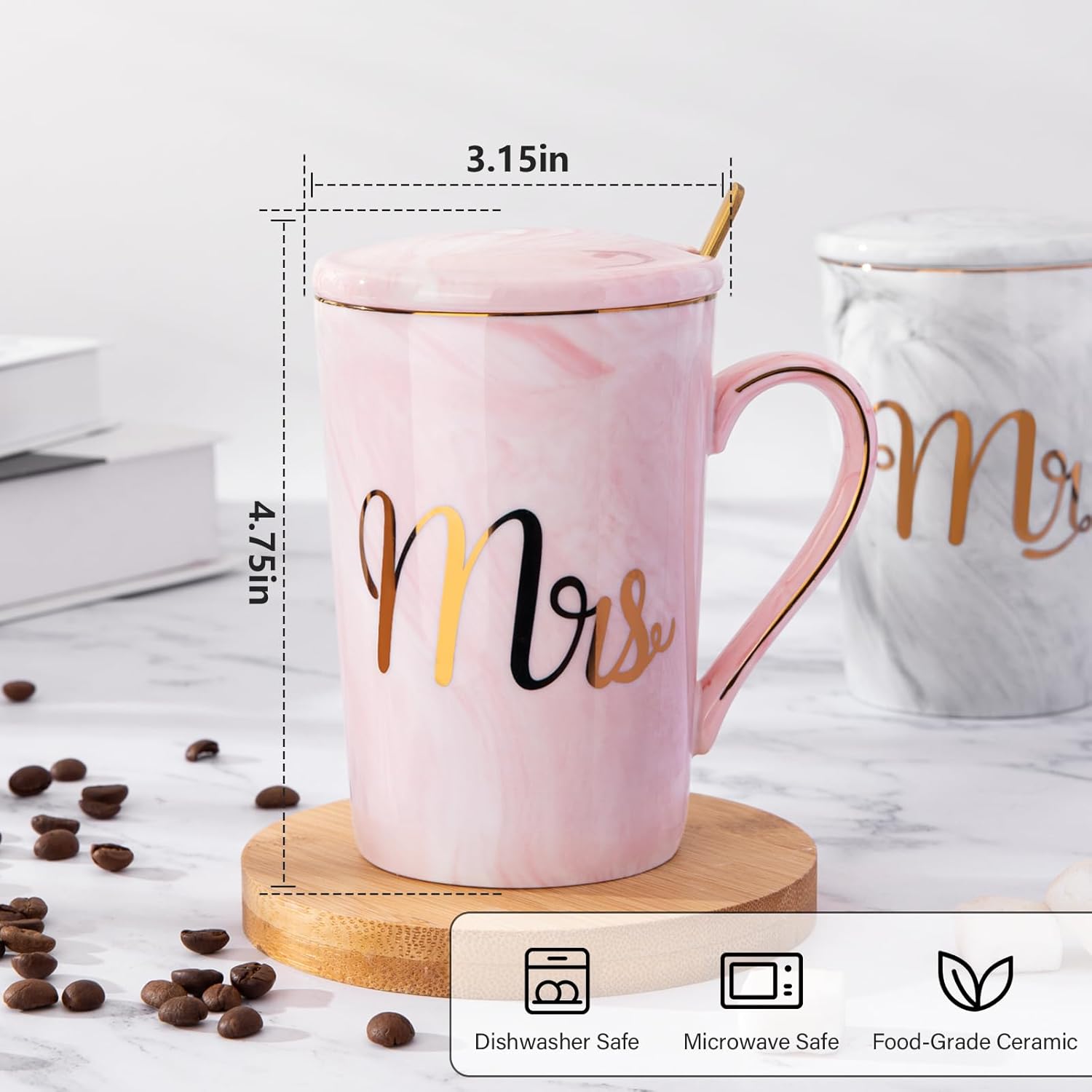 Biching Wedding Gifts for Couples 2026, Couple Gift for Anniversary – 14oz Ceramic Marble Mr and Mrs Mugs Set, Present for Bridal Shower Engagement Bride and Groom, with Greeting Card, Luxury Gift Box