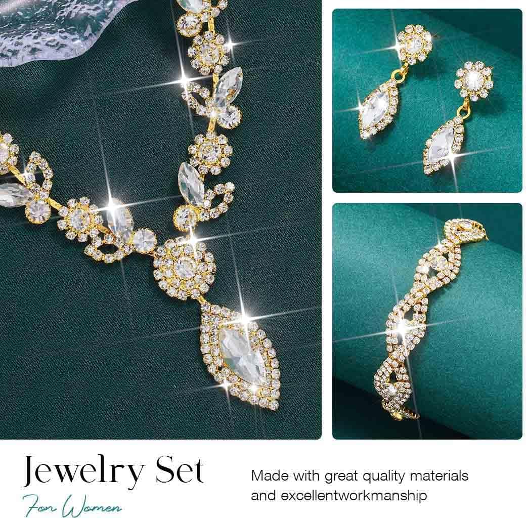 Unicra Silver Crystal Bridal Wedding Jewelry Set Rhinestone Necklace Earrings Bracelet Sets Formal Costume Jewelry for Women and Brides