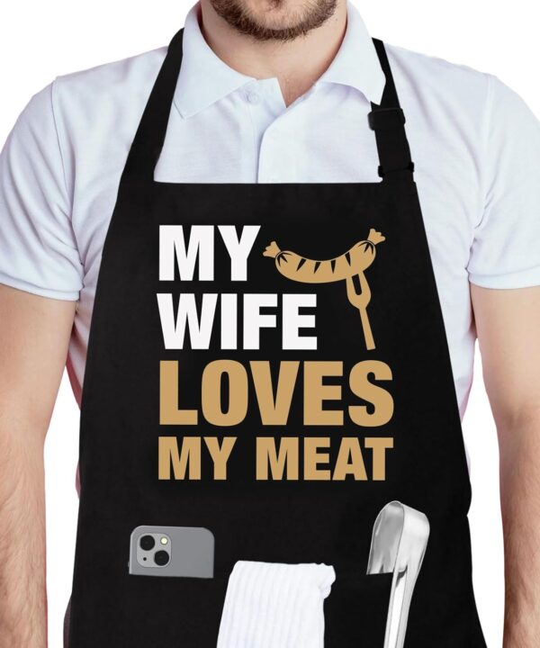 Funny Aprons for Men, My Wife Loves My Meat Apron, Birthday Gifts for Husband from Wife, Kitchen Cooking Aprons with 2 Pockets, Mens BBQ Grilling Apron, Anniversary Valentines Day Gift for Him