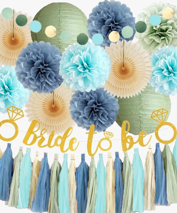 Bridal Shower Decorations Sage Green and Dusty Blue Bachelorette Party Decorations Bride to Be Light Blue and Sage Green Decor Pom Poms Beige Fans Cream Tassel Garland with Bride to Be Banner Gold