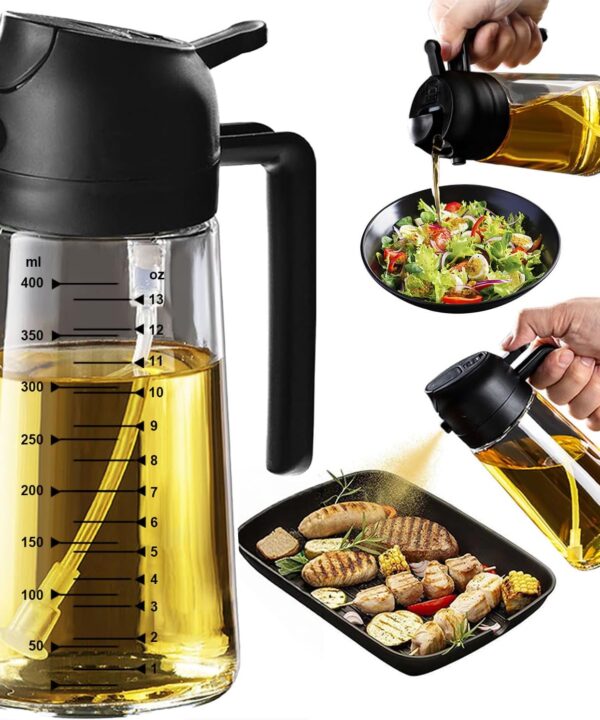 TrendPlain 16oz/470ml Glass Olive Oil Sprayer for Cooking  2 in 1 Olive Oil Dispenser Bottle for Kitchen Gadgets and Air Fryer Accessories, Salad, BBQ - Black