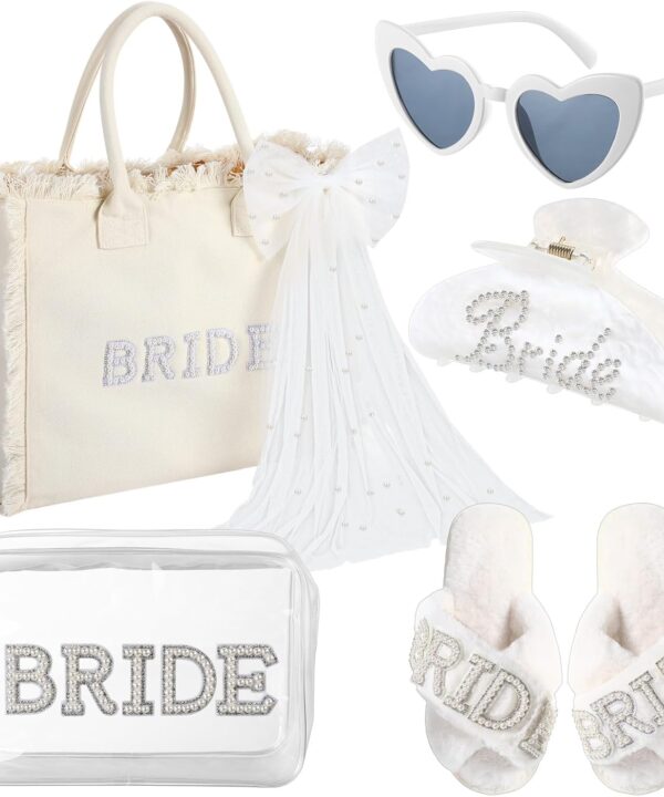 Blosssound 5 Pcs Bride Gifts Set Include Bride Bag Cosmetic Bag Sunglasses Slippers Hair Clip for Bridal Shower Engagement Weddings Bachelorette Party