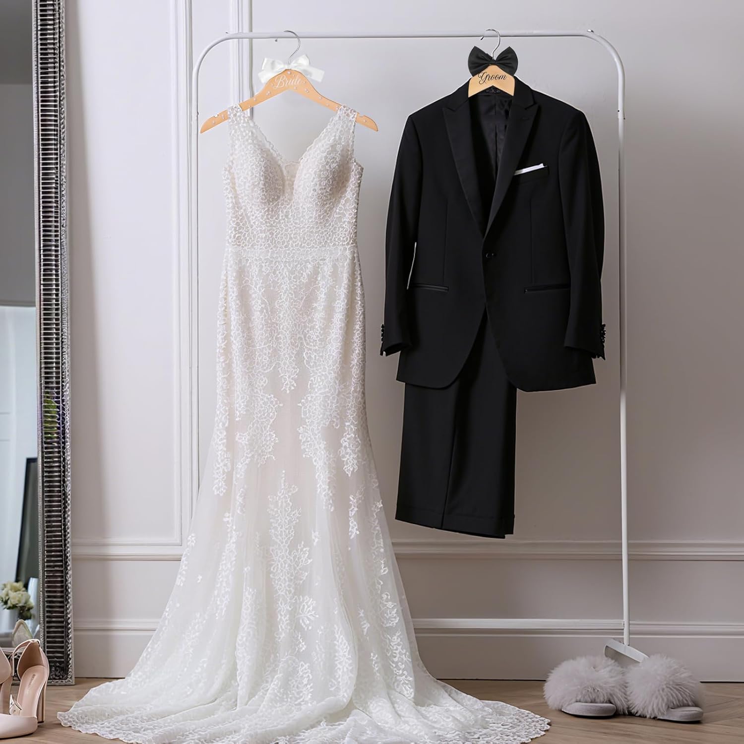 2 Pcs Bride and Groom Wooden Hangers with Bow Tie Wedding Hangers for Tuxedo Favors Wedding Gift Bridal Party Shower(Fresh)