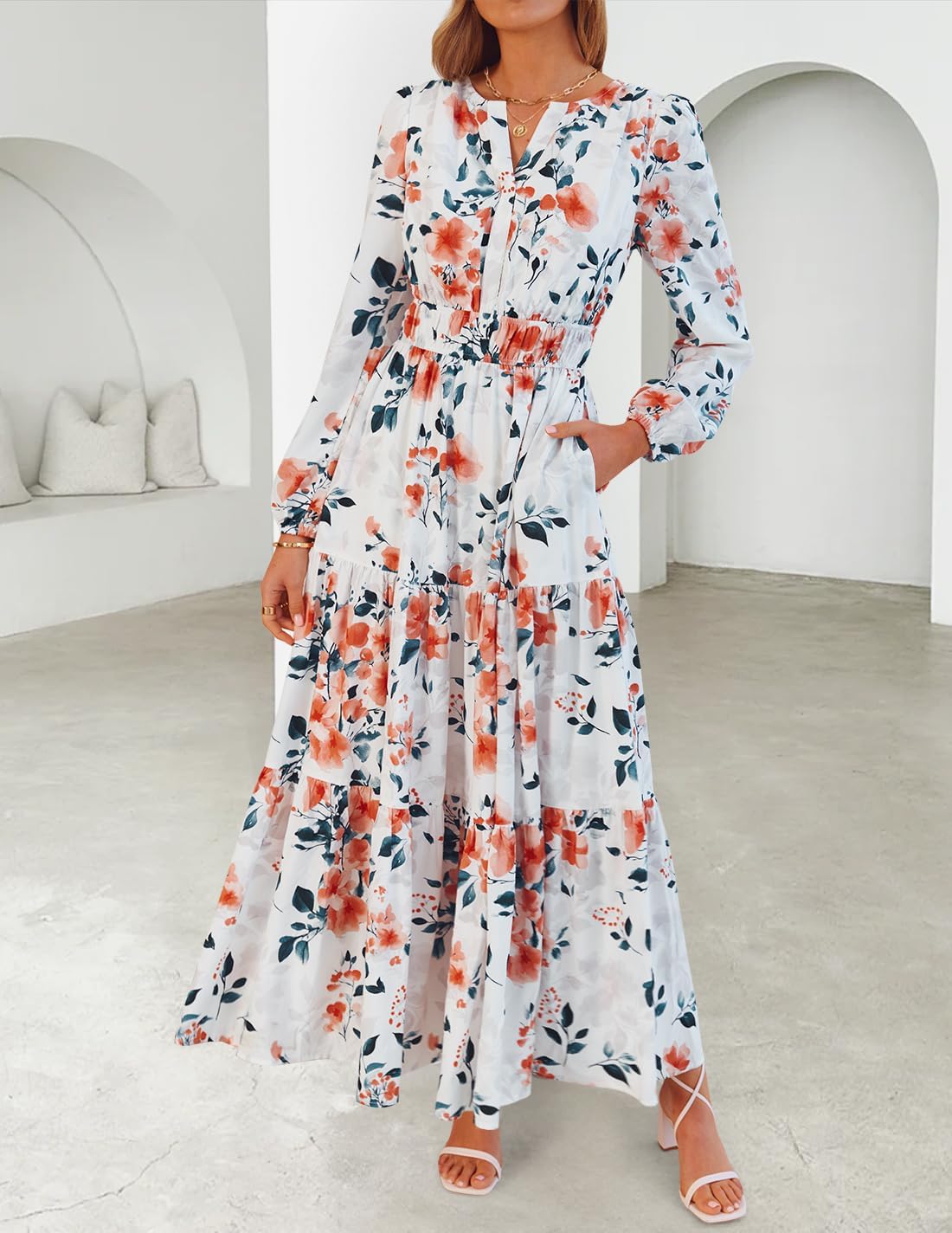 ZESICA Spring Dresses for Women 2026 Long Sleeve Boho Floral V Neck Empire Waist A Line Casual Flowy Wedding Guest Maxi Dress