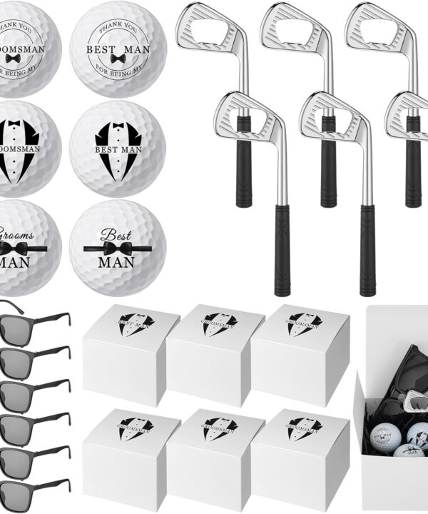 HyDren 36 Pcs Groomsmen Proposal Gifts Set of 6 Include Groomsmen Best Man Golf Balls Sunglasses Bottle Openers and Gift Boxes Wedding Favors Proposal Gifts Set for Best Man