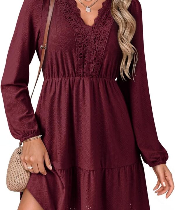 Dokotoo Spring Dresses for Women 2026 Elegant Lace Hollow Out Embroidered V Neck Long Sleeve Casual A-Line Swing Mini Dress