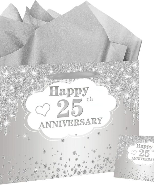 RTMISA 25th Anniversary Themed Gift Bag with Tissue Paper and Greeting Card Silver Wedding Anniversary Paper Gifts Wrapping Bag for Wife Husband Couple, Happy 25 Years Party Decorations Supplies