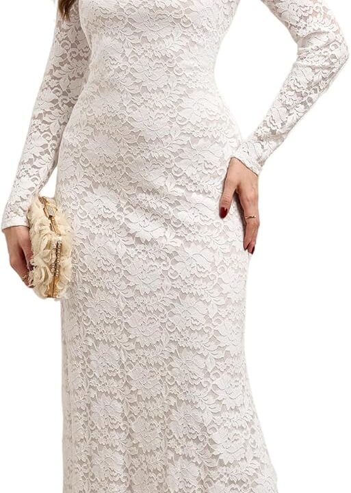 Women Lace Dress Long Sleeve Floral Maxi Dresses Romantic Bodycon Elegant Wedding Dress