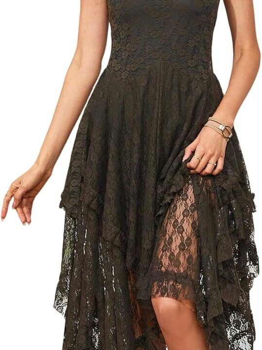 R.Vivimos Womens Sleeveless Backless Asymmetrical Layered Lace Long Dress with Slip Two Pieces
