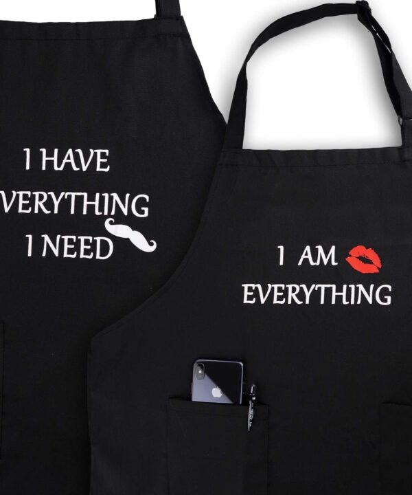 YIKA Apron Couples, Valentines Day Gifts for Couples: Waterproof Aprons for Women Men, with Adjustable Neck Strap with Extra Long Ties, 2 Pockets (Black)