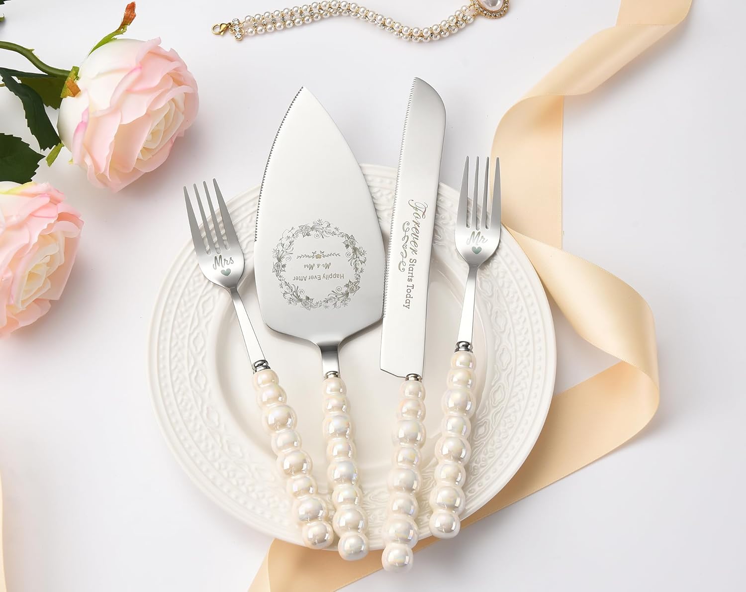 Wedding Cake Knife and Server Set, Ceramic Pearl Handle Cake Cutting Set for Weddings, Engagements, Anniversaries, and Engagement Gifts for Couples