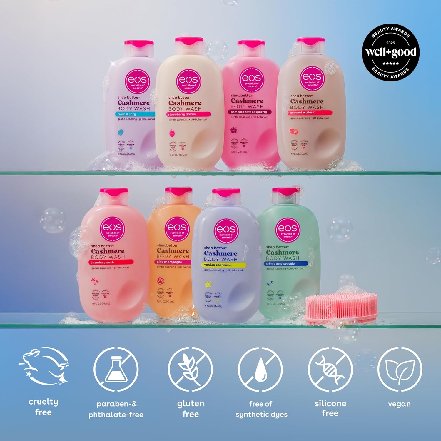 eos Cashmere Body Wash Vanilla Cashmere, Moisturizing Body Wash, Creamy Gel Formula, with Shea Butter, Glycerin, Vitamin E, pH Balanced, Sensitive Skin, Vegan, 16 fl oz