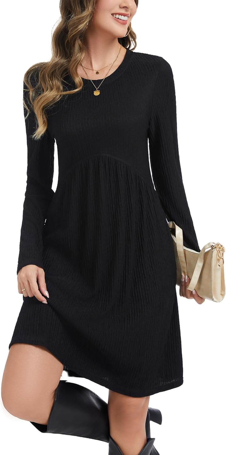 Kormei Long Sleeve Dress for Women Crew Neck Empire Waist Tunic Dress with Pockets