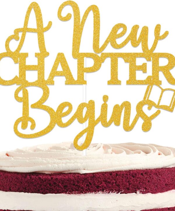 A New Chapter Begins Cake Topper, Graduation Party Decorations, Book Themed Bridal Shower/Baby Shower Party Decorations Gold Glitter