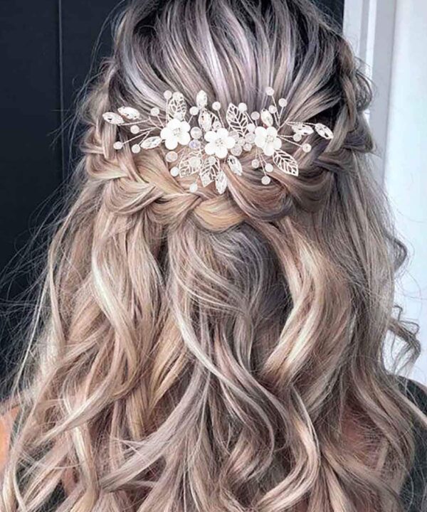 Unicra Silver Flower Bride Wedding Hair Vine Leaf Bridal Hair Piece Rhinestone Hair Accessories Beaded Headpieces Jewelry for Women and Girls (Silver)