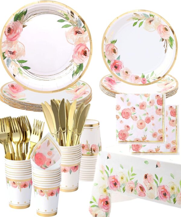 Floral Paper Plates and Napkins Party Supplies - Serves 16 - Flower Plates Floral Cups Knifes Forks Baby Shower Decorations for Girl Pink and Gold Bridal Shower Tea Party Birthday