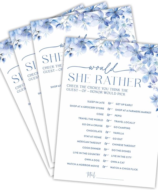 Would She Rather Bridal Shower Game - Blue Floral - 30 Pcs Double-Sided Fill-in Wedding Game Cards for Newlyweds, Engagement Party Activities & Decorations -A01