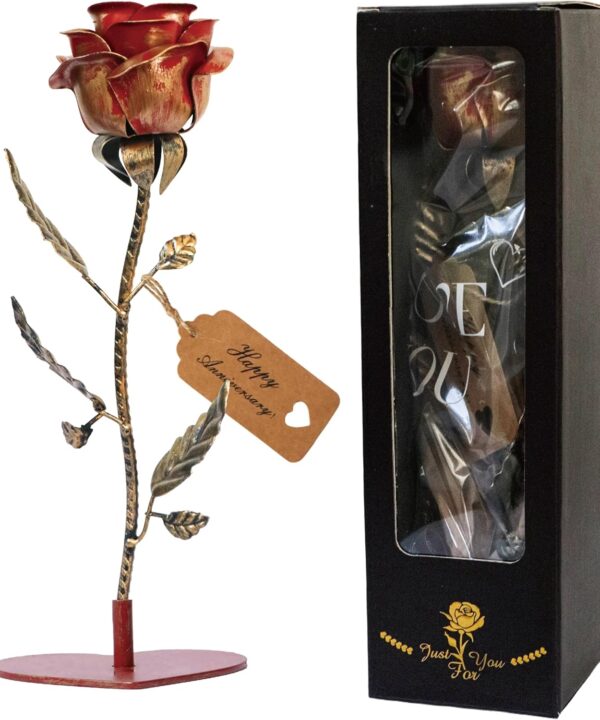8 Year Anniversary Bronze Gift for Her - Metal Rose with Happy Anniversary Card & Base, 8th Wedding Anniversary Couples Gifts for Wife 19th 19 Year Everlasting Flower Gifts for Women Stained Artwork