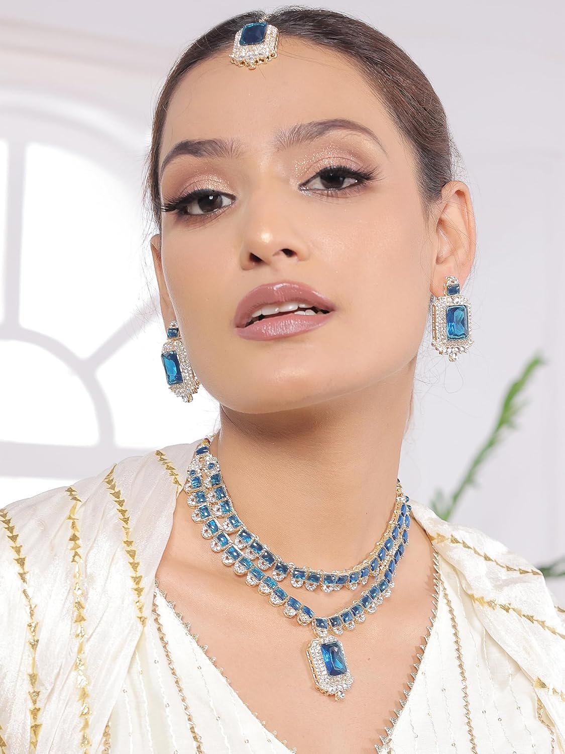 American/AD Two-Layered | Sparkling Square-Shaped Rhinestone Crystal Design Necklace | Dangle Earrings and Maang Tikka for Wedding Jewellery Set for Women