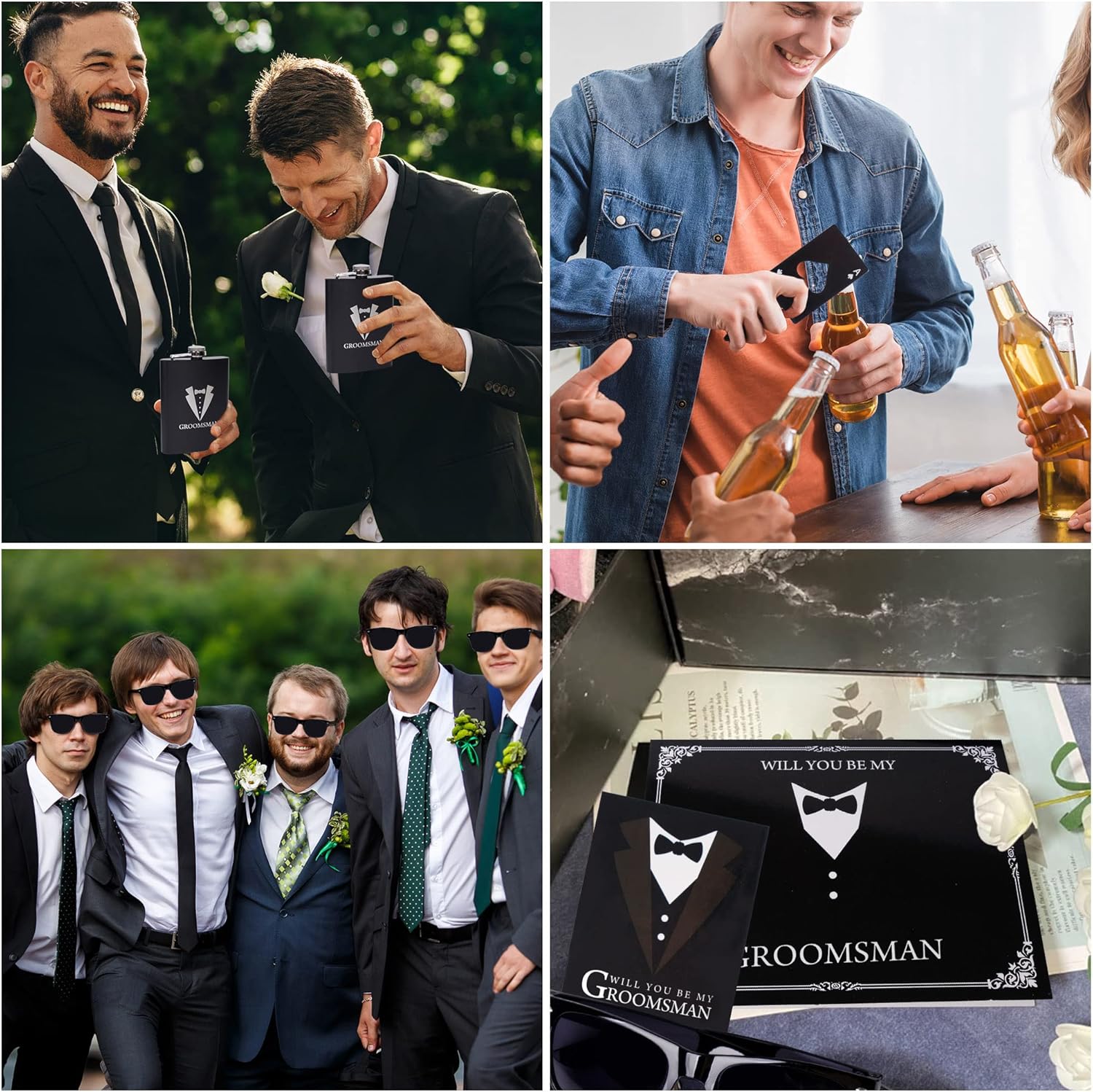 6 Pieces Groomsmen Gifts Set : 1 Pcs 8oz Stainless Steel Tuxedo Flask 1 Pcs Poker Bottle Cap Opener 1 Pcs Groomsmen Gauge Glasses 1 Pcs Sunglasses 1 Pcs Card 1 Pcs Groomsmen Gift Bags for Wedding