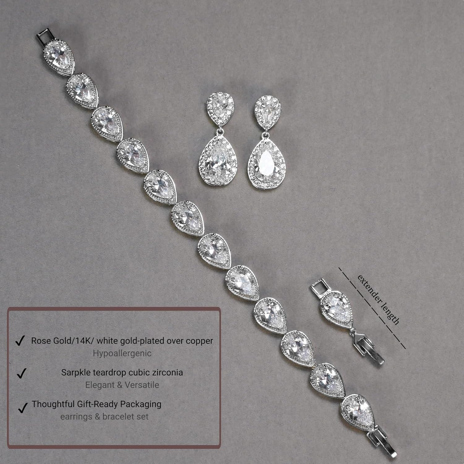 UDYLGOON Teardrop Earrings & Bracelet Set, Gold Plated Wedding Jewelry Set for Bride Bridesmaid, Womens Party Prom Gift