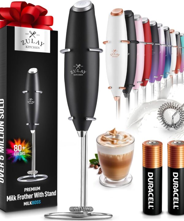 Zulay Kitchen Powerful Milk Frother Wand With 2 Duracell Batteries - Ultra Fast Handheld Drink Mixer - Electric Whisk Foam Maker for Coffee, Lattes, Cappuccino, Matcha, Hot Chocolate & Creamer - Black