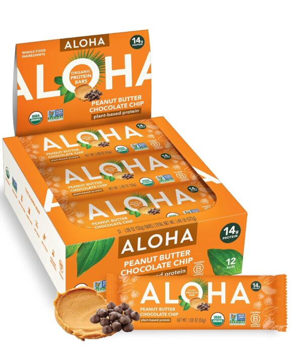 ALOHA Organic Plant Based Protein Bars |Peanut Butter Chocolate Chip | 1.98 Oz (Pack of 12) | Vegan, Low Sugar, Gluten Free, Paleo, Low Carb, Non-GMO, Stevia Free, Soy Free, No Sugar Alcohols