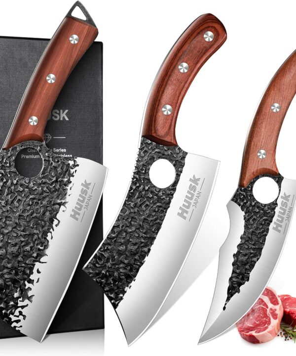 Huusk Butcher Knife Set Hand Forged Serbian Chef Knife Viking Boning Knife Cleaver Knife 3PCS Kitchen Knife Set for Meat Cutting Home & Outdoor Cooking BBQ Knives Gift for Men