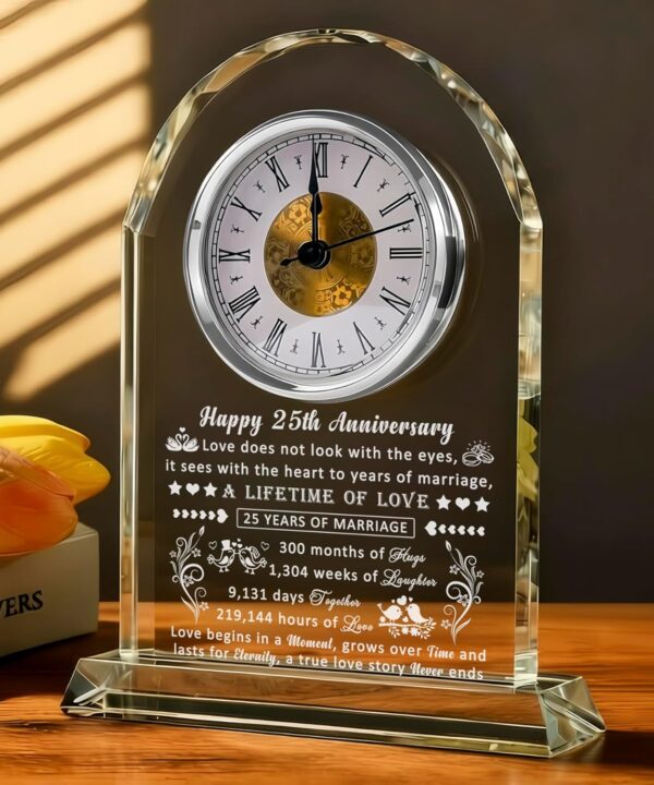 25th Wedding Anniversary Glass Quartz Clock Gifts for Women Men, 25 Year Anniversary Romantic Gift for Him Her, Silver Anniversary Clock Gifts for Couple, 25 Years of Marriage Gifts