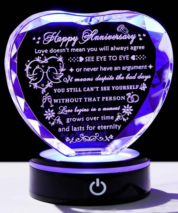 YWHL Wedding Anniversary Crystal Heart Gifts for Couple Parents, Happy Anniversary Marriage Gifts for Wife Husband Him Her Men Women with LED Base Romantic Presents for Girlfriend Boyfriend