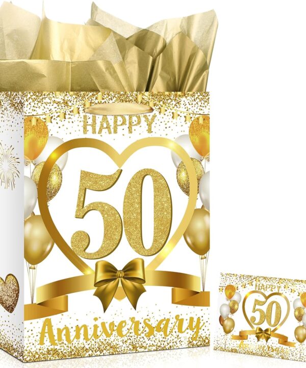 White Gold Happy 50th Anniversary Paper Gift Bag with Tissue Papers and Card, Gold Party Gift Wrapping Bag Treat Bag for Golden Wedding Anniversary Decorations