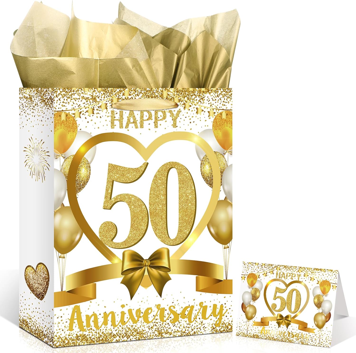 White Gold Happy 50th Anniversary Paper Gift Bag with Tissue Papers and Card, Gold Party Gift Wrapping Bag Treat Bag for Golden Wedding Anniversary Decorations