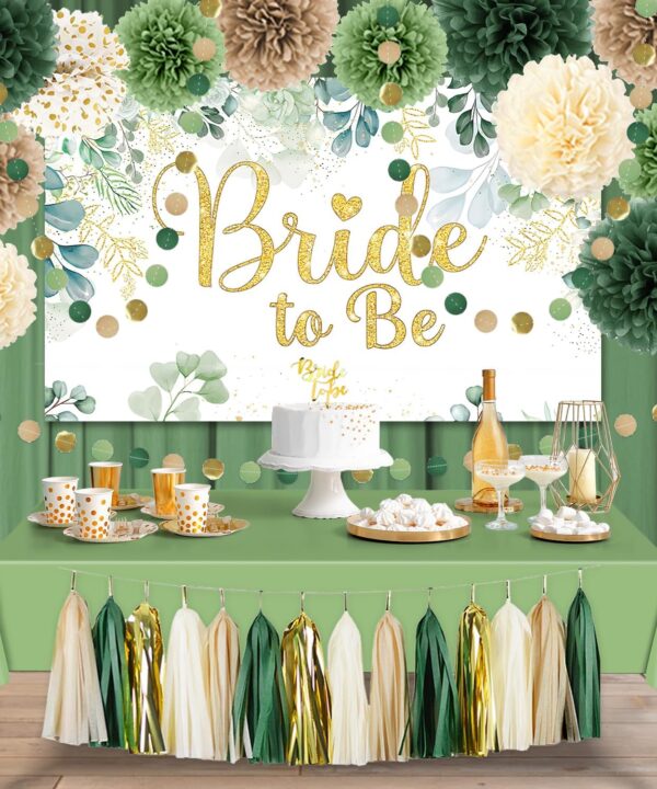 Bridal Shower Decorations,18pcs Sage Green Bachelorette Party Decorations Include Bride to Be Backdrop Cake Topper Paper Pompoms Tissue Tassel Garland Tablecloth for Wedding Shower