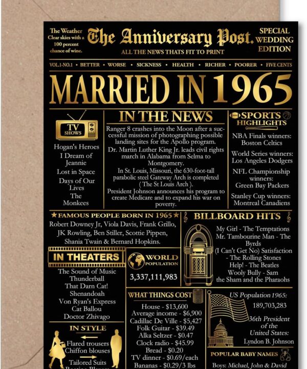 Stuff4 Gold 61st Anniversary Card for Women Men - Golden Newspaper Married in 1965-61 Year Wedding Anniversary Card for Husband Wife Companion Partner, 5x7 Inch Anniversaries Greeting Cards