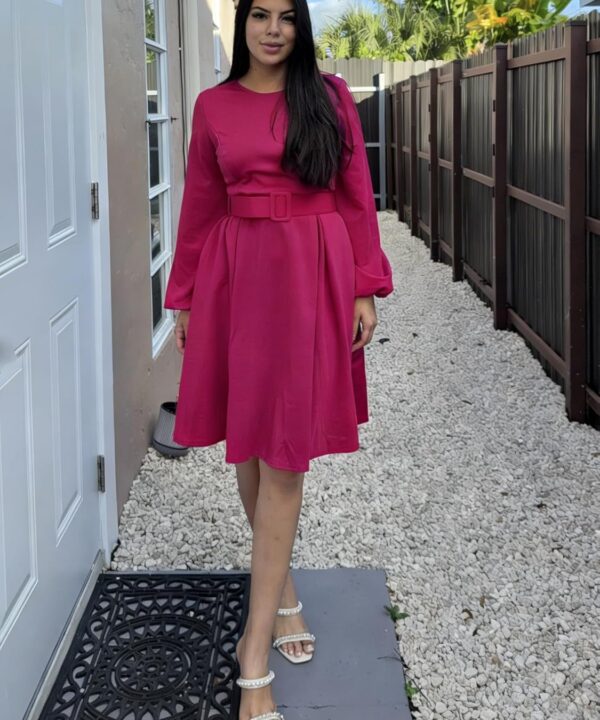 Elainone Women Long Sleeve A Line Dress with Belt Church Wedding Guest Semi Formal Office Dresses