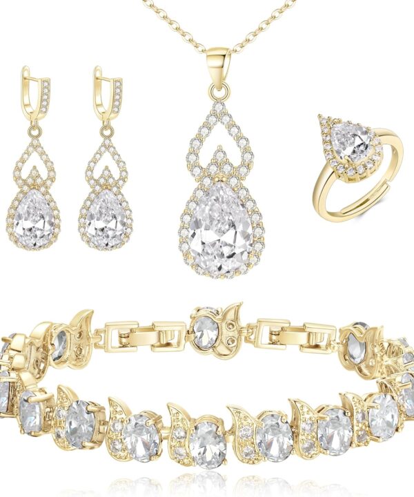 BriLove Wedding Jewelry Set for Women Bride Bridesmaid, Gorgeous Cubic Zirconia Teardrop Necklace Earrings Bracelet Adjustable Ring Jewelry Gift for Birthday/Anniversary/Mothers Day