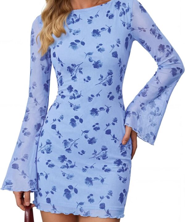 PRETTYGARDEN Women's 2026 Fall Fashion Floral Long Sleeve Mini Dress Mesh Bodycon Short Party Date Night Going Out Dresses