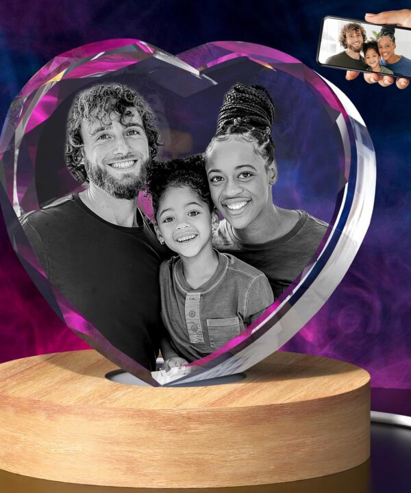 3D Crystal Photo, Valentines Day Personalized Gifts for Her, Women, Mom, Girlfriend, Custom Laser Engraved Glass Picture, Customized Anniversary Memorial Couple Gifts, Heart M