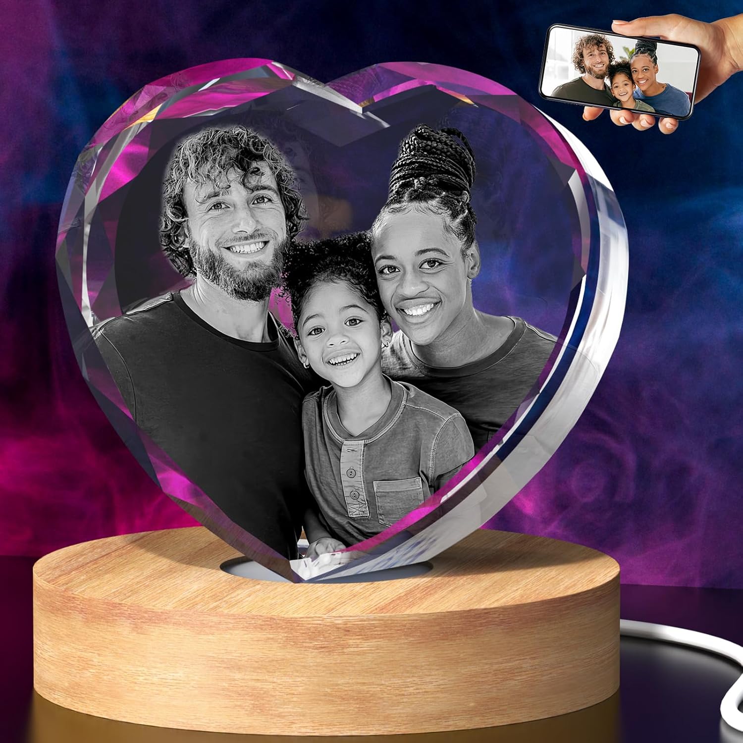 3D Crystal Photo, Valentines Day Personalized Gifts for Her, Women, Mom, Girlfriend, Custom Laser Engraved Glass Picture, Customized Anniversary Memorial Couple Gifts, Heart M