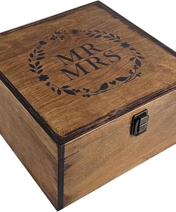 Large Mr and Mrs Wooden Wedding Keepsake Box for Couples, 10"x10"x5" Wooden Memory Box with Lid, Wedding Gift Box for Bride and Groom, Bridal Shower, Anniversary Valentines Gift Ideas