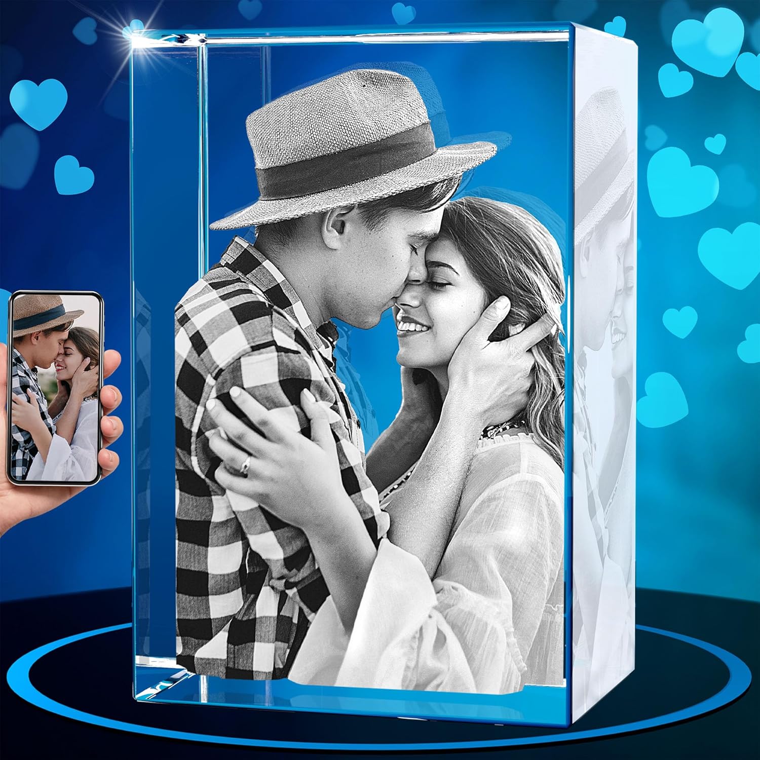 ArtPix 3D Crystal Photo, Valentines Day Personalized Gifts for Women, Wife, Men, Her, Him, Great V-Day Custom Gift With Your Own Photo, Customized Glass 3D Laser Etched Picture Wedding