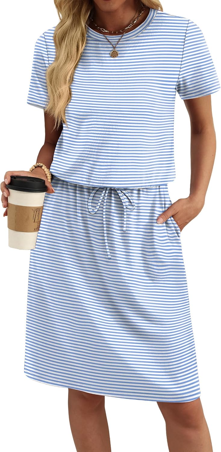 OFEEFAN Womens Summer Dresses Fashion Short Sleeve Crew Neck T Shirt Sundresses Casual Tie Waist with Pockets