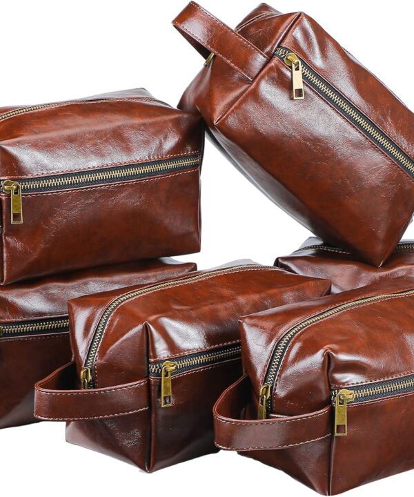 Hillban 6 Pcs Groomsmen Gift Men Travel Toiletry Bag, Bestmen Gifts Set, Leather Toiletry Bag with Side Handle Water Resistant Bathroom Supplies for Wedding Party Favor(Dark Brown)
